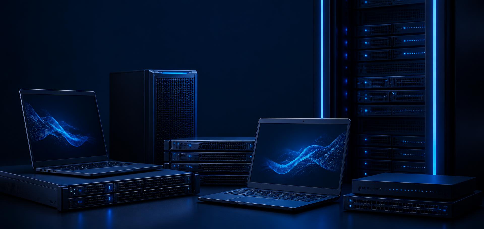 A modern laptop glowing on a dark surface, representing business hardware