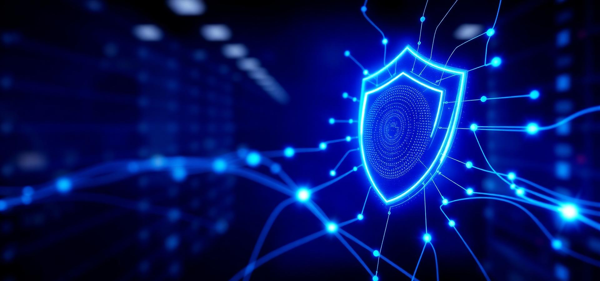 A glowing blue digital shield over a network, representing business network security