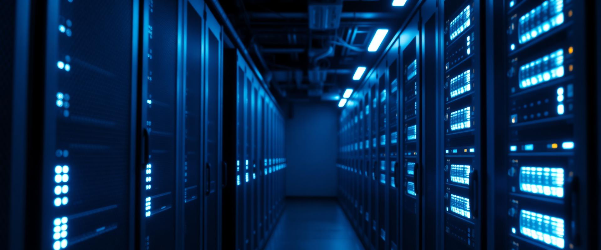 A high-tech server cabinet aisle with glowing blue status lights